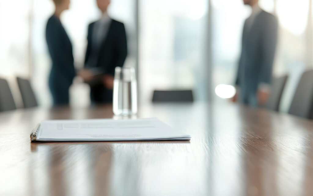 back view of two colleagues discussing report in modern office setting, with focus on document on table and glass of water nearby, creating professional atmosphere