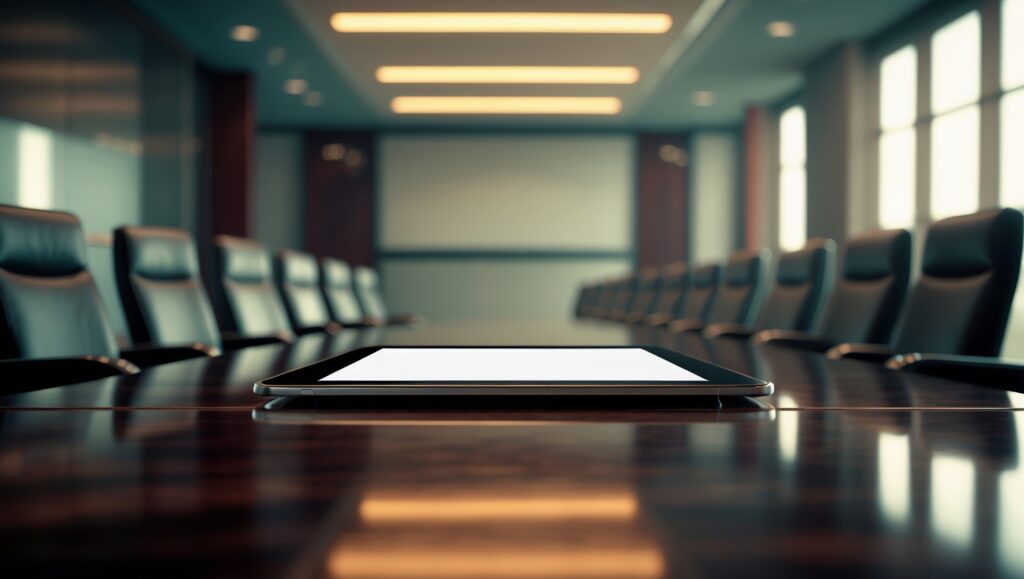modern conference room setup with tablet on a polished wooden table during a business meeting