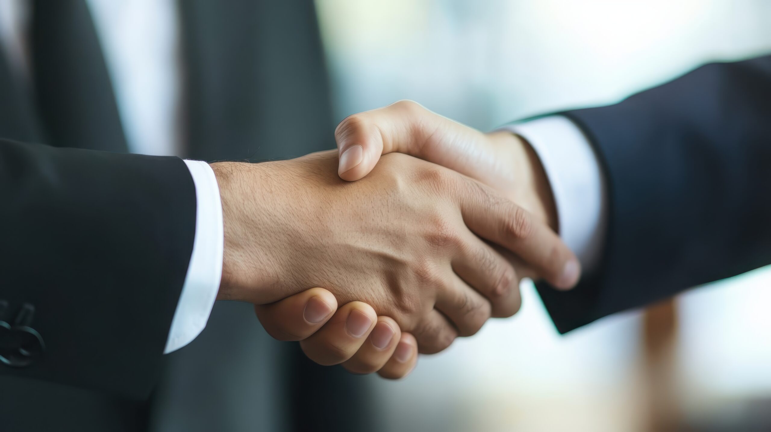 two business professionals engage in a firm handshake to conclude a successful meeting in a modern office setting during the daytime hours
