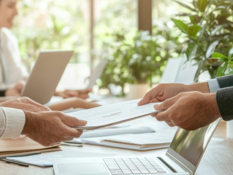 innovative team collaboration in open workspace discussing project plans on laptop