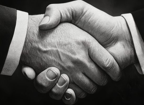 two hands shaking in agreement during a business meeting in a formal setting